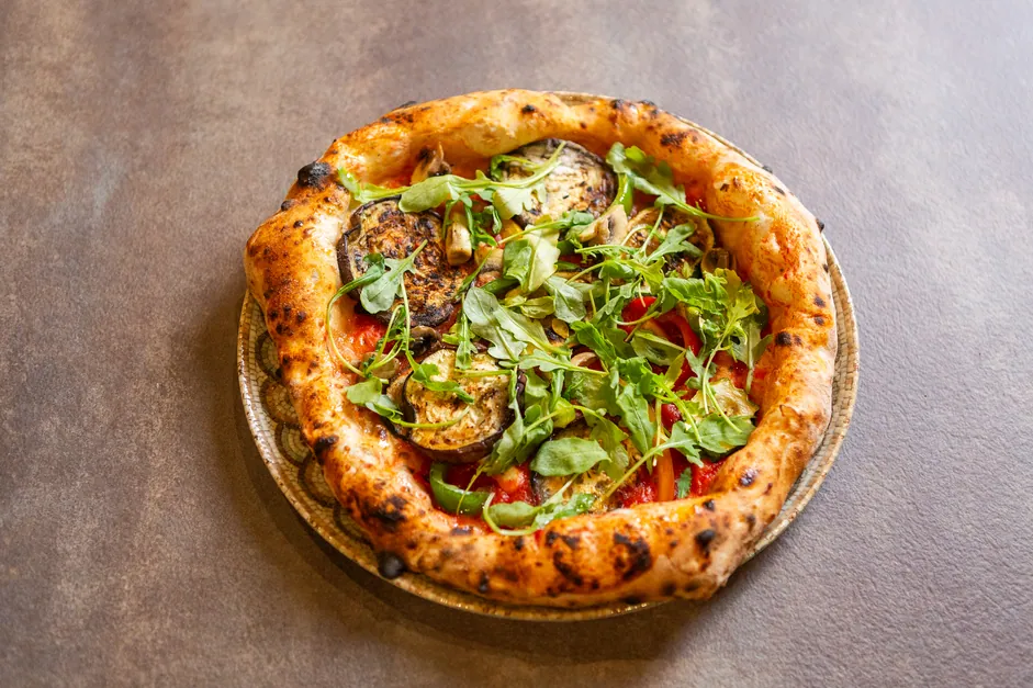 Grilled courgette and rocket, from the wood oven